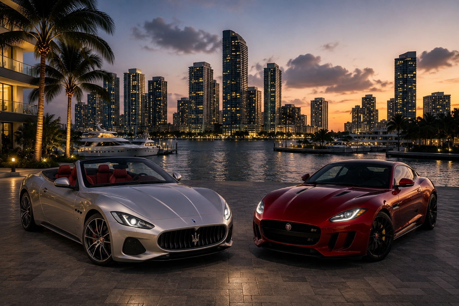 Maserati GranTurismo Convertible and Jaguar F-Type R with Miami skyline